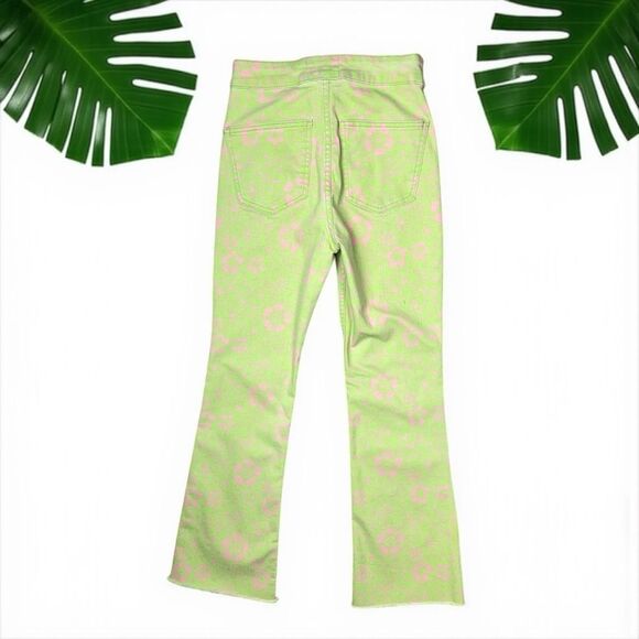 Zara 70's Retro Lime Green Mod Floral Print Flare Jeans - Picture 4 of 10